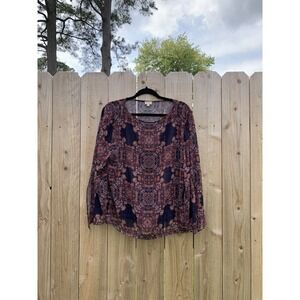 Cremieux Boho Sheer Geometric floral Bell Sleeve Top Blouse Size‎  small blue